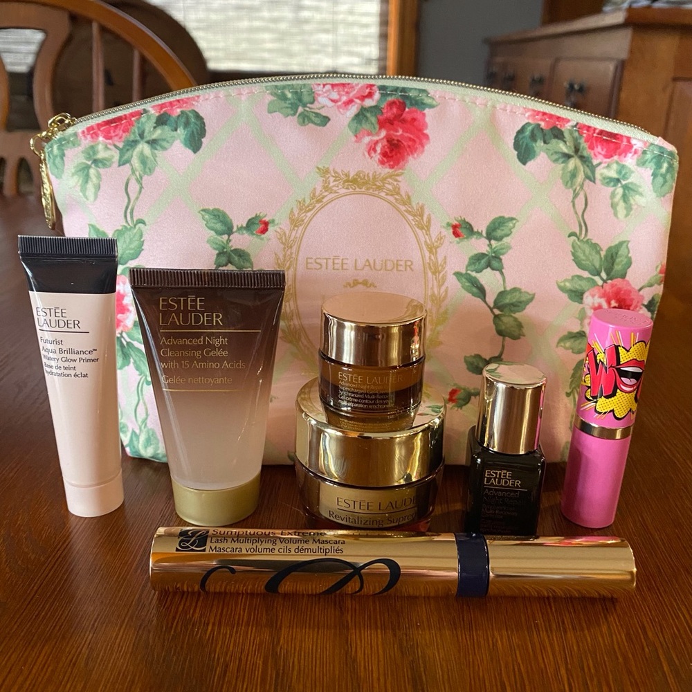 8 pc. Estee Lauder Skincare and Makeup Set with Floral Bag